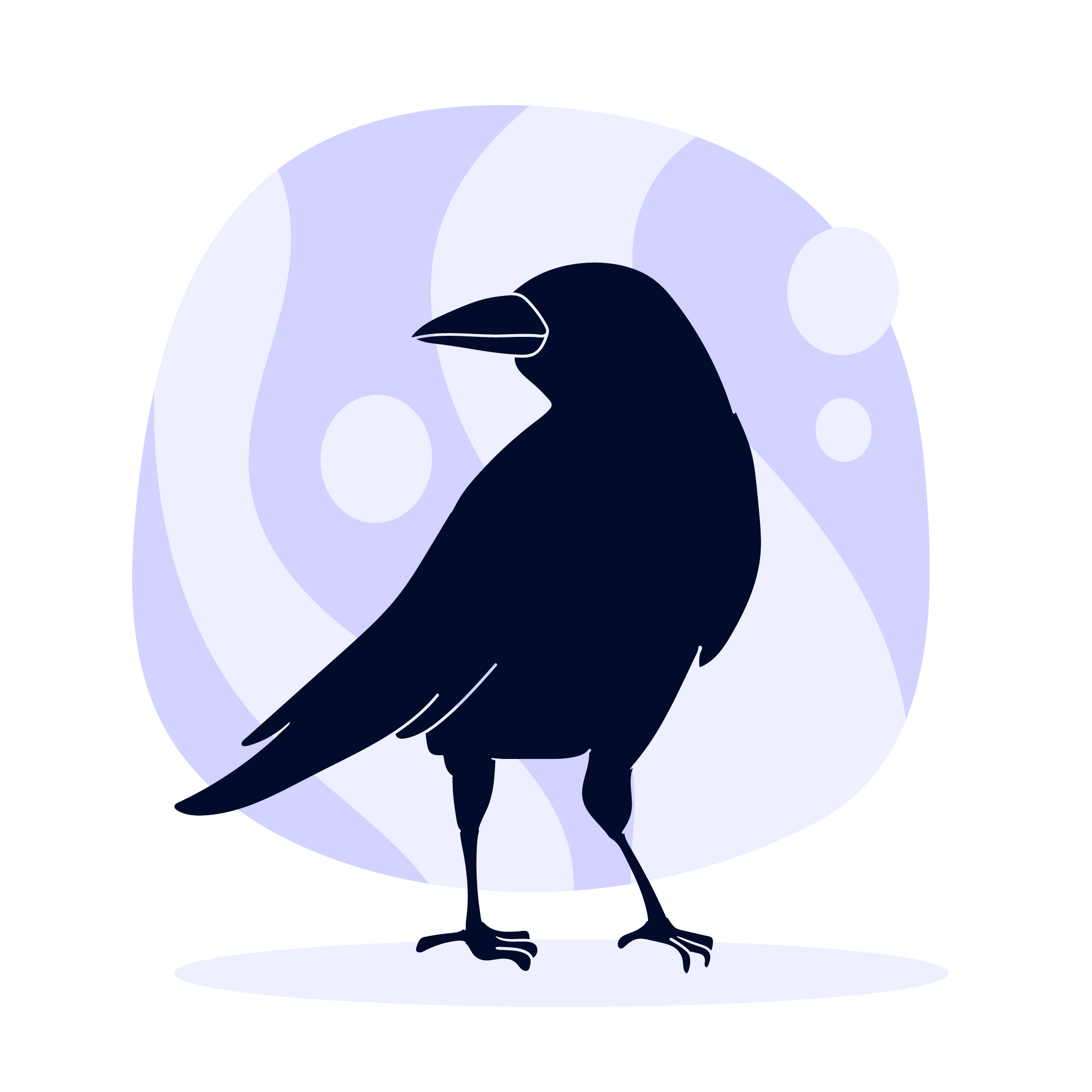 Stylized illustration of a black crow standing and looking to the left with a calm and alert posture. The background features abstract light purple and white shapes with circular accents, creating a modern and serene atmosphere. No text is present in the image.